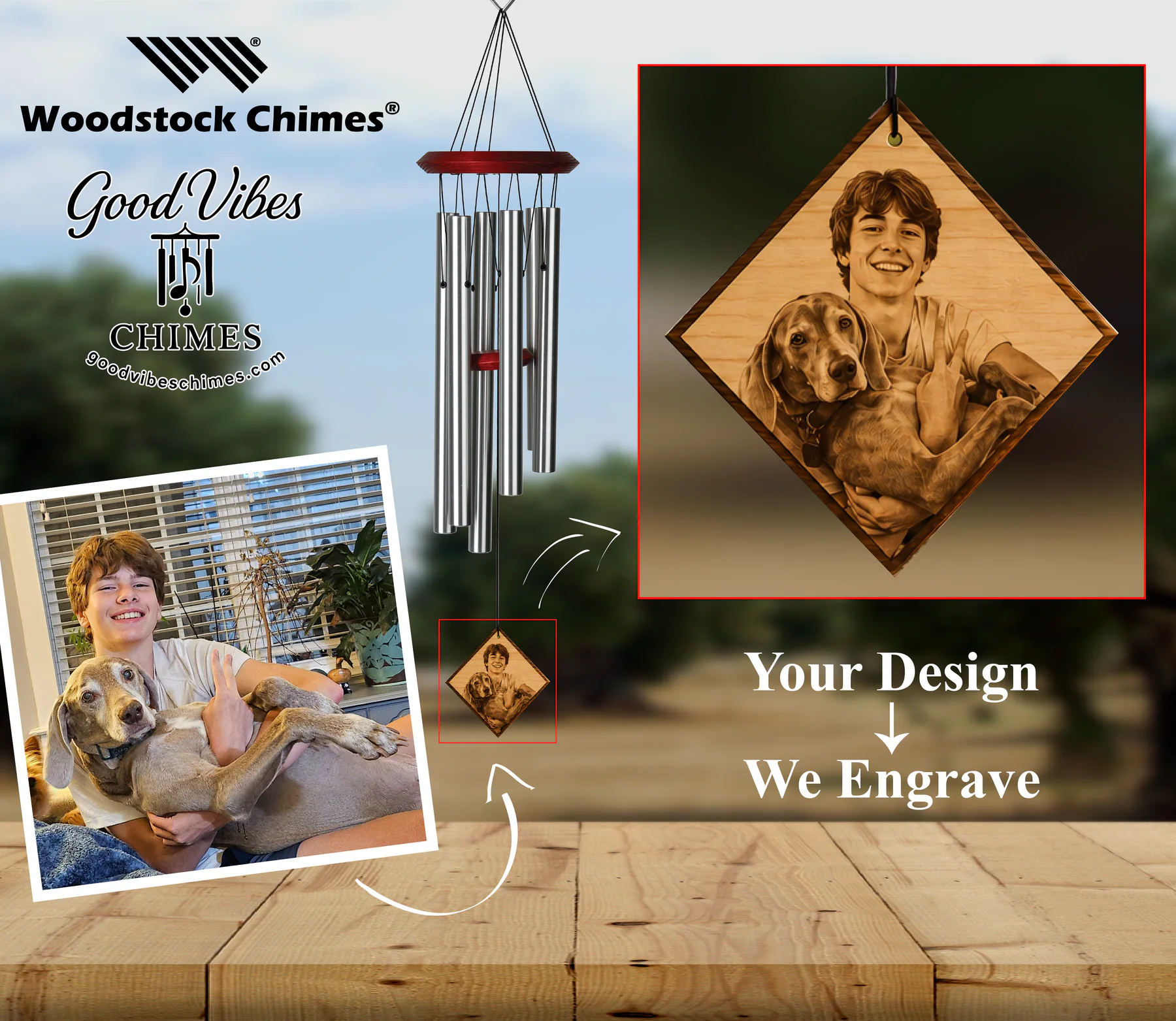 A customer photo transformed into a custom-engraved Woodstock wind chime