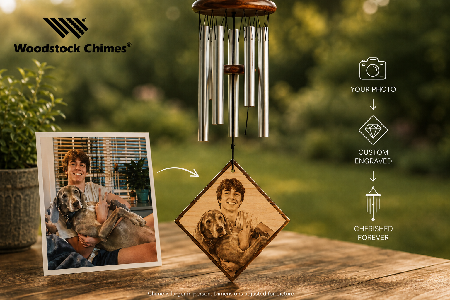 A personalized Woodstock wind chime created from a customer photo